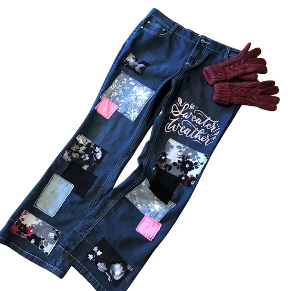 Upcycled Patchwork Flared Jeans: Size 14, Boho Hippie Sweater Weather Pants - Picture 9 of 9